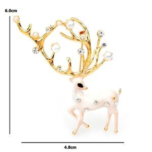 REINDEER BROOCH Vintage Pin Christmas Holiday Bow Rhinestone Pearls Enamel